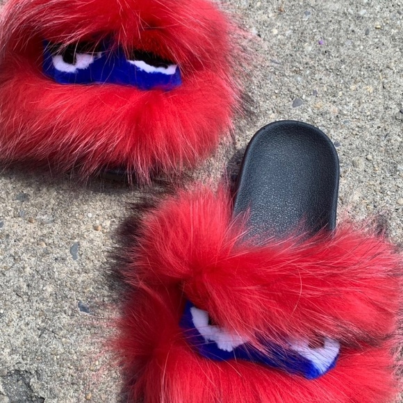 Red Monsta  Real Fur Custom  Slides sizes 9.5,10 - Picture 3 of 6